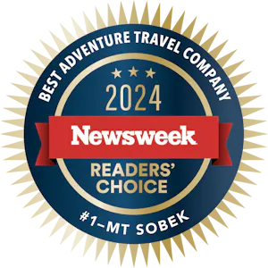A circular blue and gold emblem with "Newsweek" in the center, recognizes "#1 - MT Sobek" as the "Best Adventure Travel Company" in the "2024 Readers' Choice" awards.