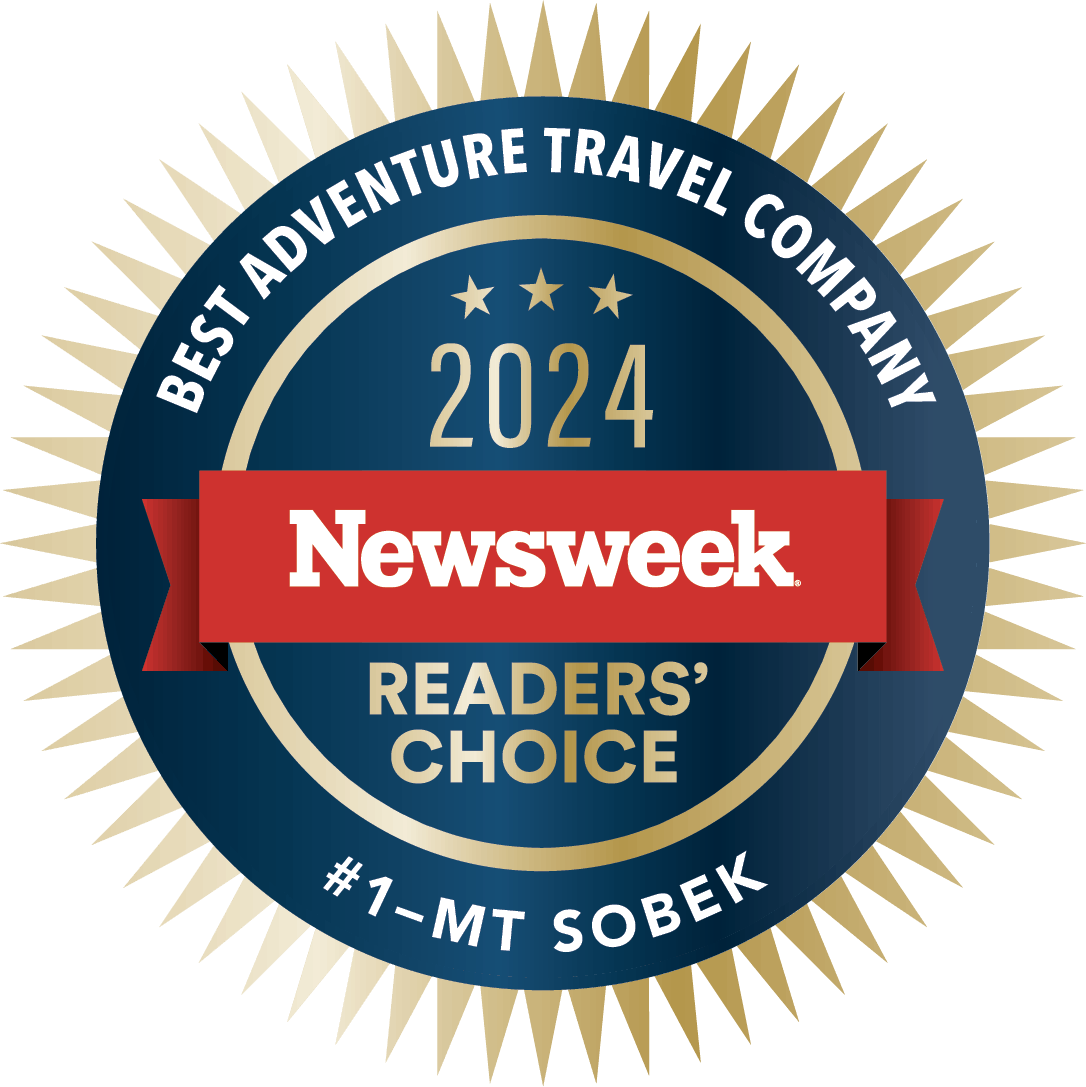 A circular blue and gold emblem with "Newsweek" in the center, recognizes "#1 - MT Sobek" as the "Best Adventure Travel Company" in the "2024 Readers' Choice" awards.