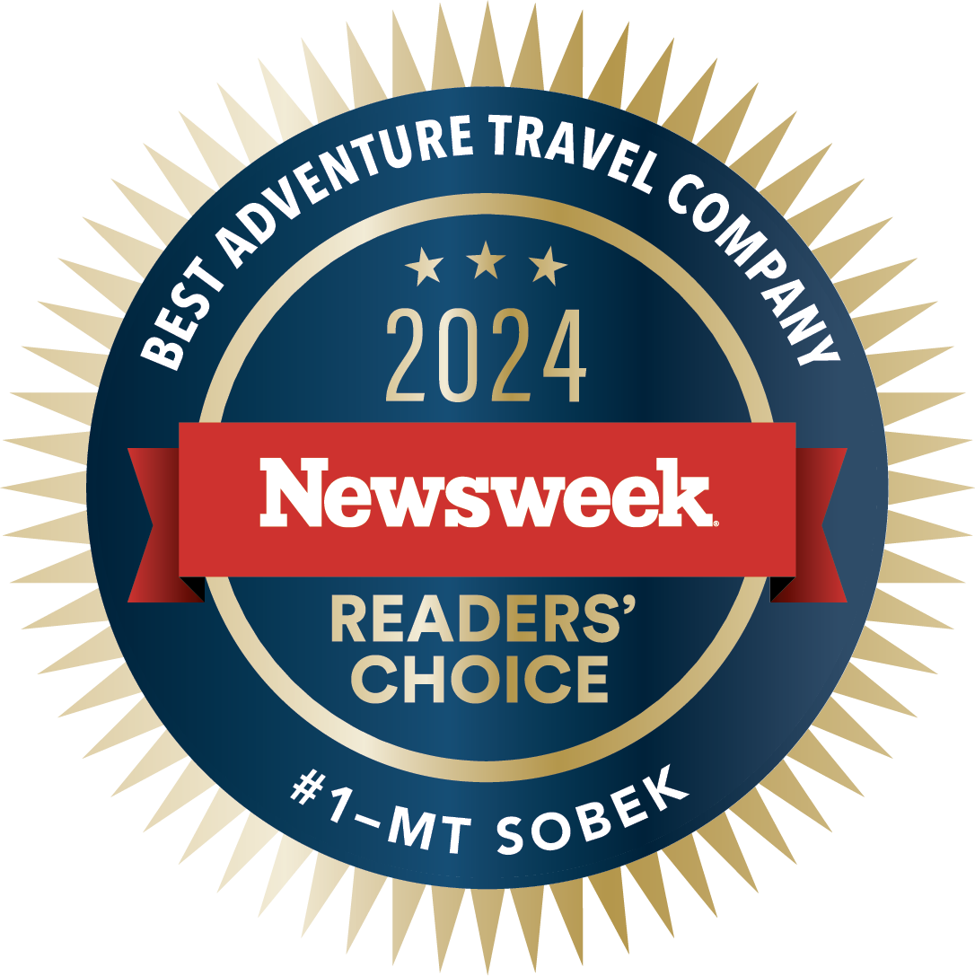 A circular blue and gold emblem with "Newsweek" in the center, recognizes "#1 - MT Sobek" as the "Best Adventure Travel Company" in the "2024 Readers' Choice" awards.