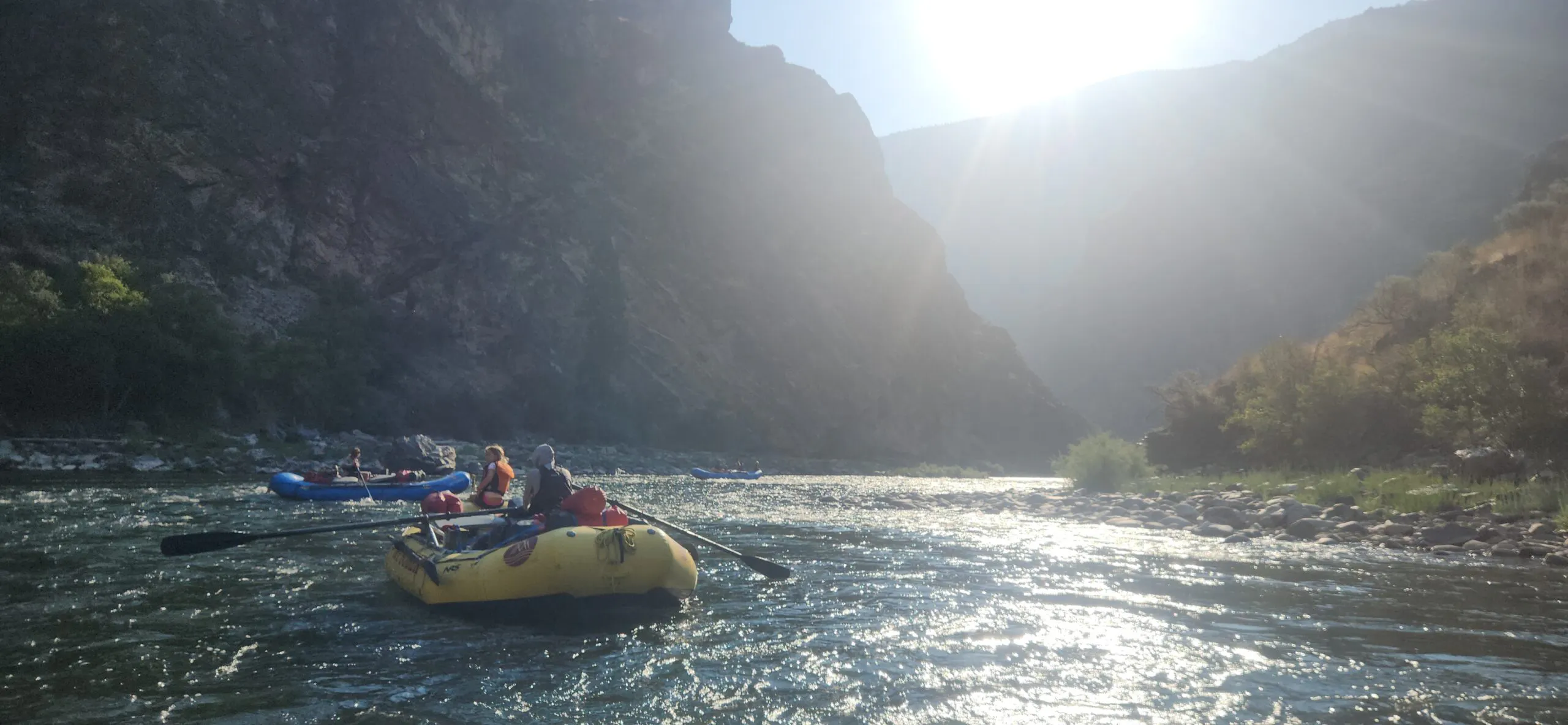 rafting low rapids season in sun in August in Idaho Middle Fork