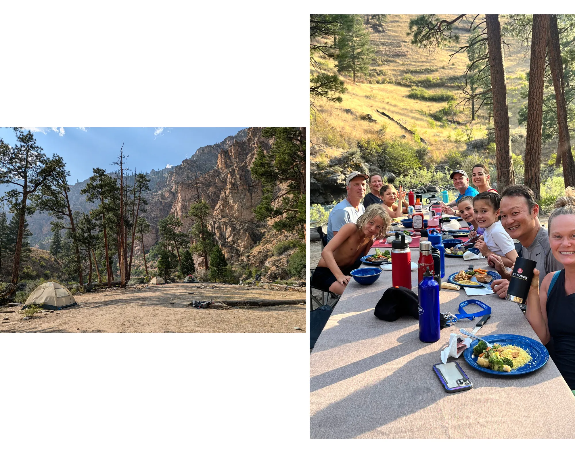 enjoying dinner at beautiful island in Idaho Middle Fork with guests