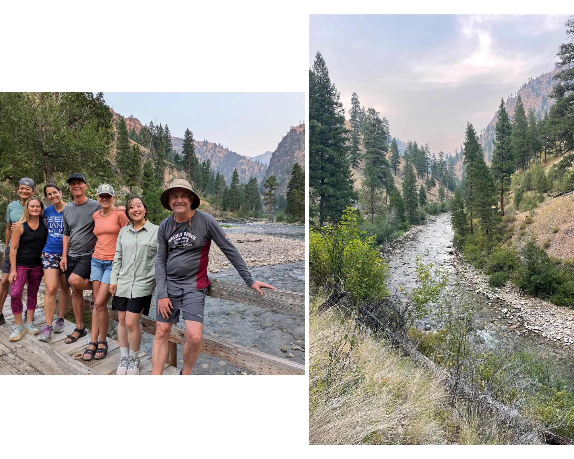 guides leading us through a hike near the riverside with guests on Idaho Middle Fork near campground