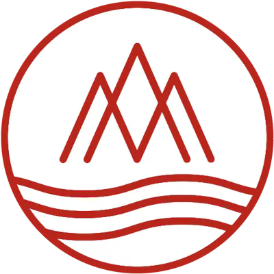 A red and white logo with a mountain in the middle.