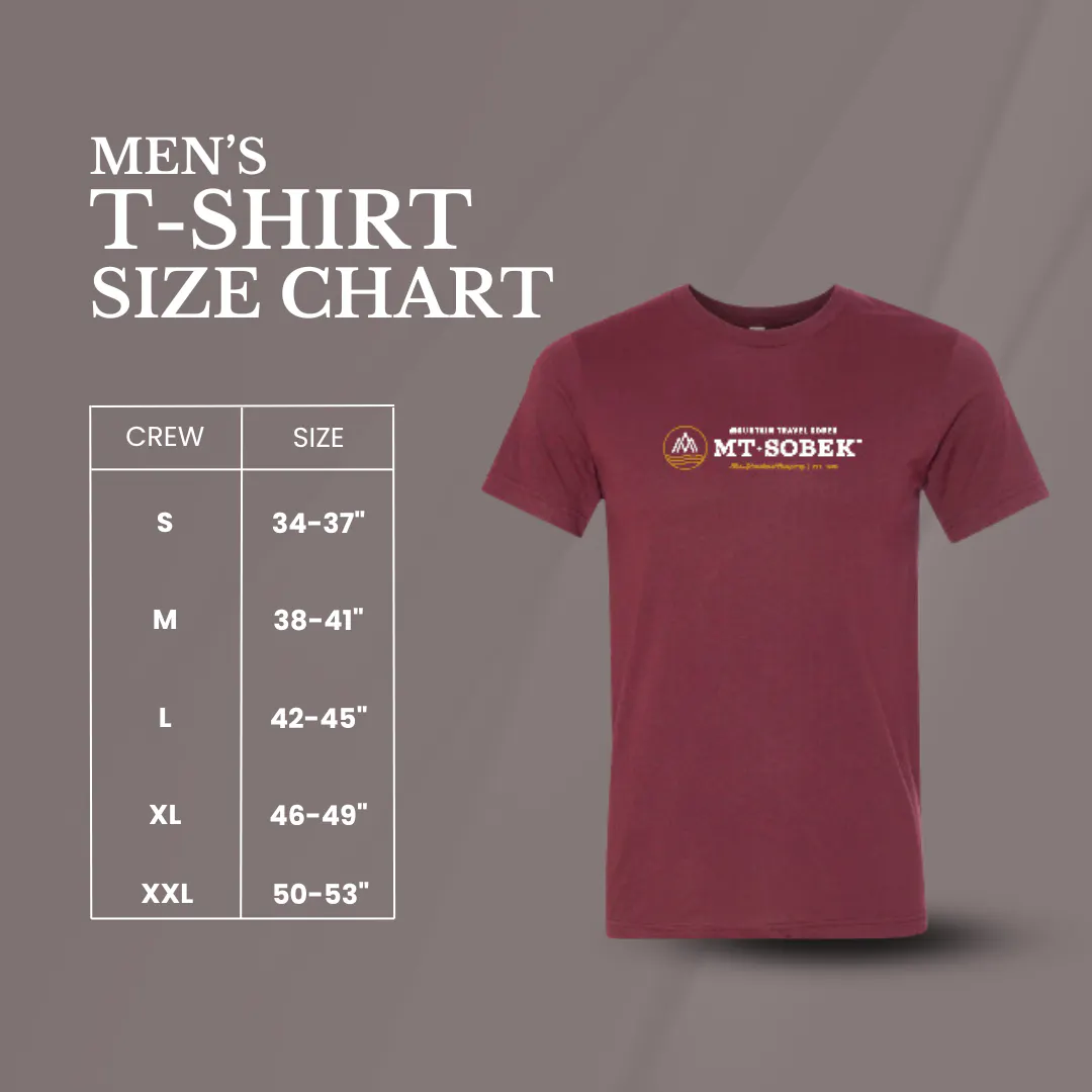 Men's T-shirt size chart with measurements for sizes S to XXL next to a maroon "Mt. Sobek" logo tee—perfect for finding gifts that fit just right.