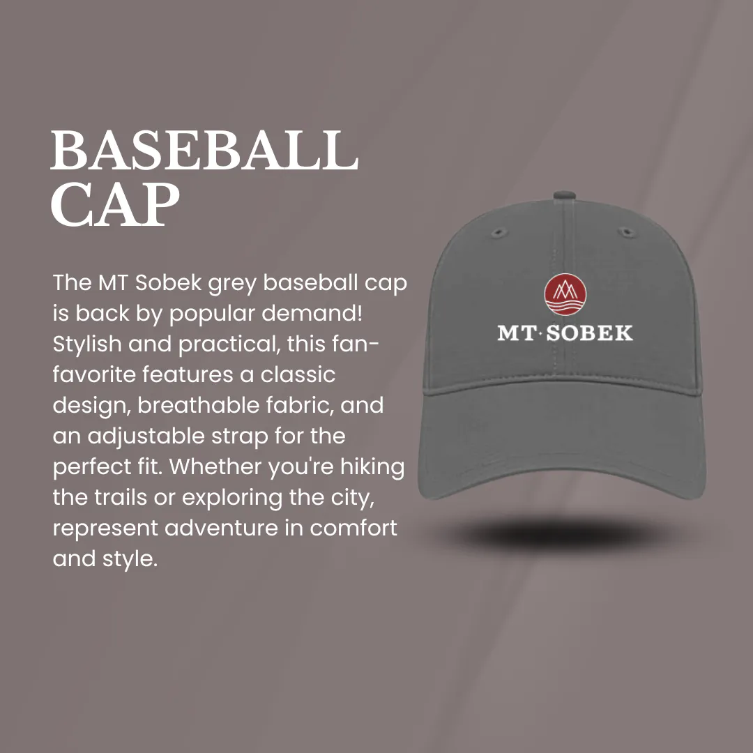 A grey baseball cap with the MT Sobek logo and text, displayed against a muted background—perfect for everyday wear or as thoughtful gifts, with promotional text describing its features.