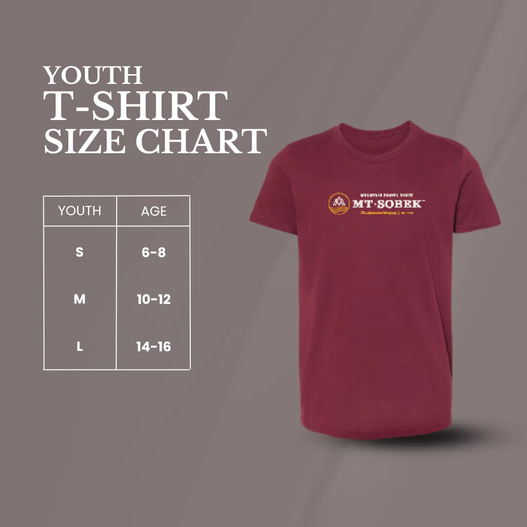 A maroon youth T-shirt with "MT. SOBEK" logo, perfect for gifts, shown next to a size chart featuring S (6-8), M (10-12), and L (14-16) for ages.