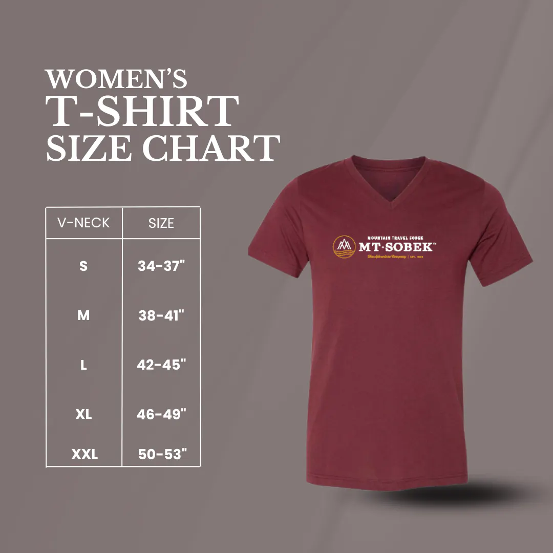 Maroon women’s V-neck T-shirt—ideal for gifts—displayed next to a size chart listing S to XXL with chest measurements from 34"–53".