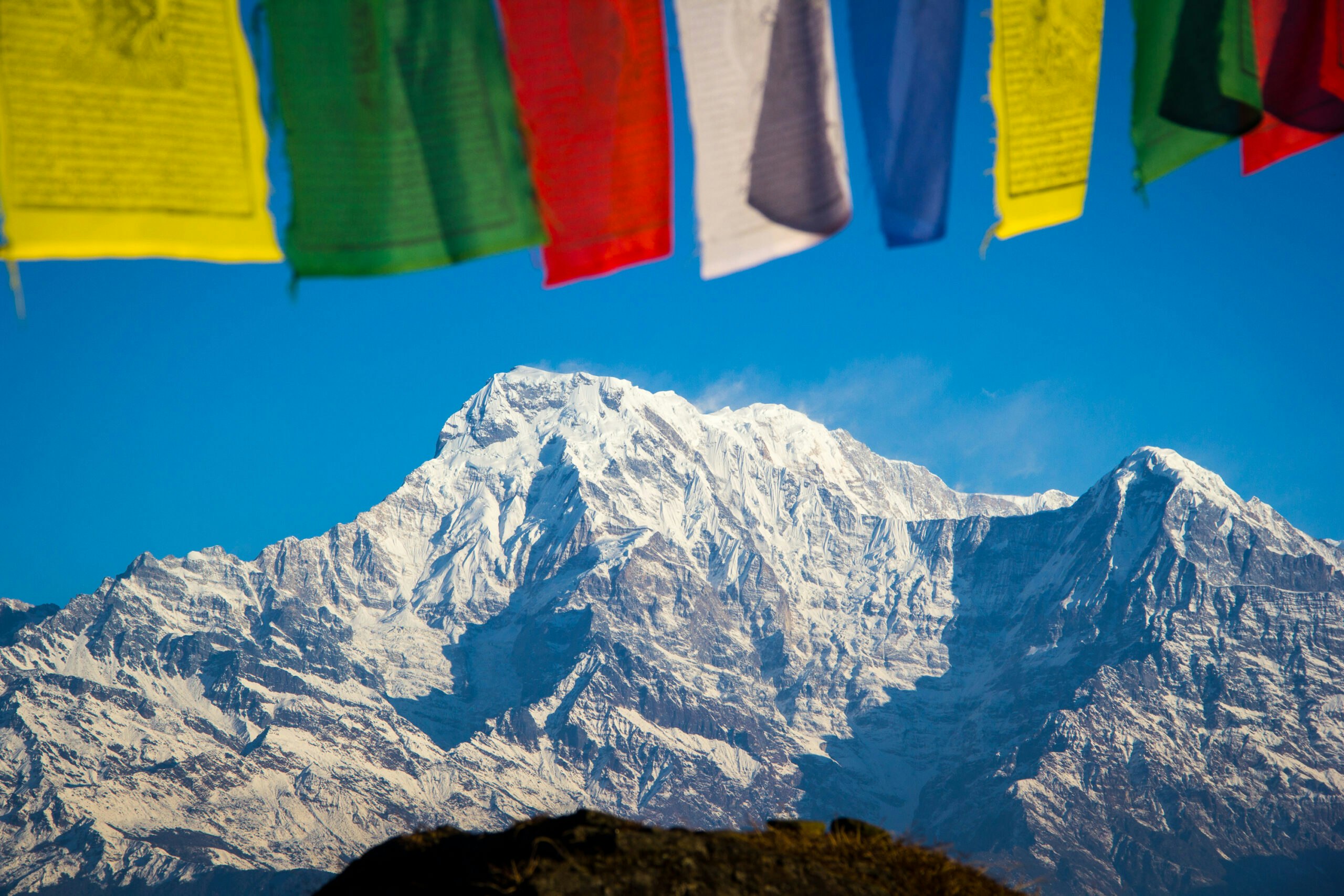Nepal prayer flags over Himalayas mountains