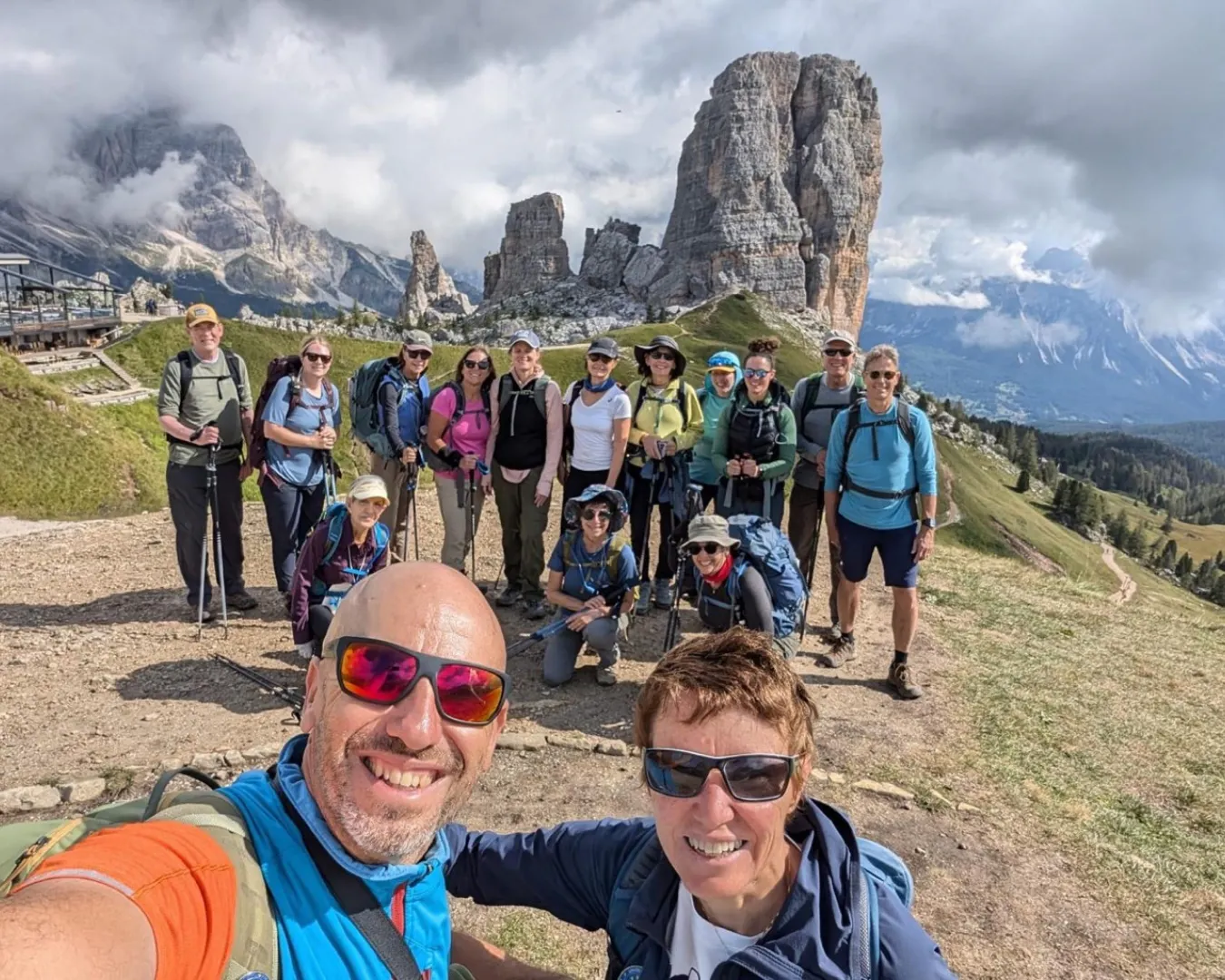 guided group on hiking expedition with guides on trails of Dolomites
