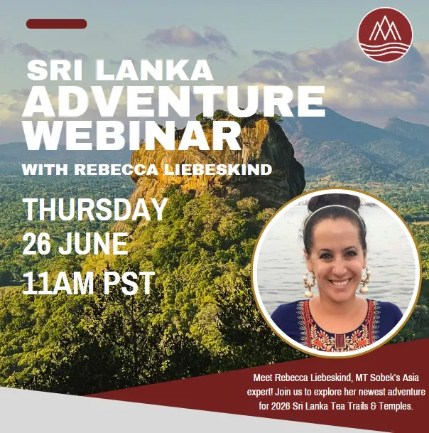 Webinar promotional graphic featuring a stunning Sri Lanka landscape, event details, and a photo of host Rebecca Liebeskind. Event is on June 26 at 11AM PST.