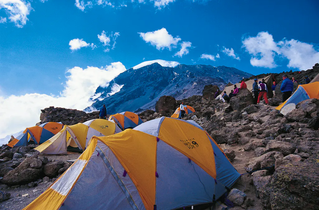 camping in machame route before summiting kilimanjaro in africa