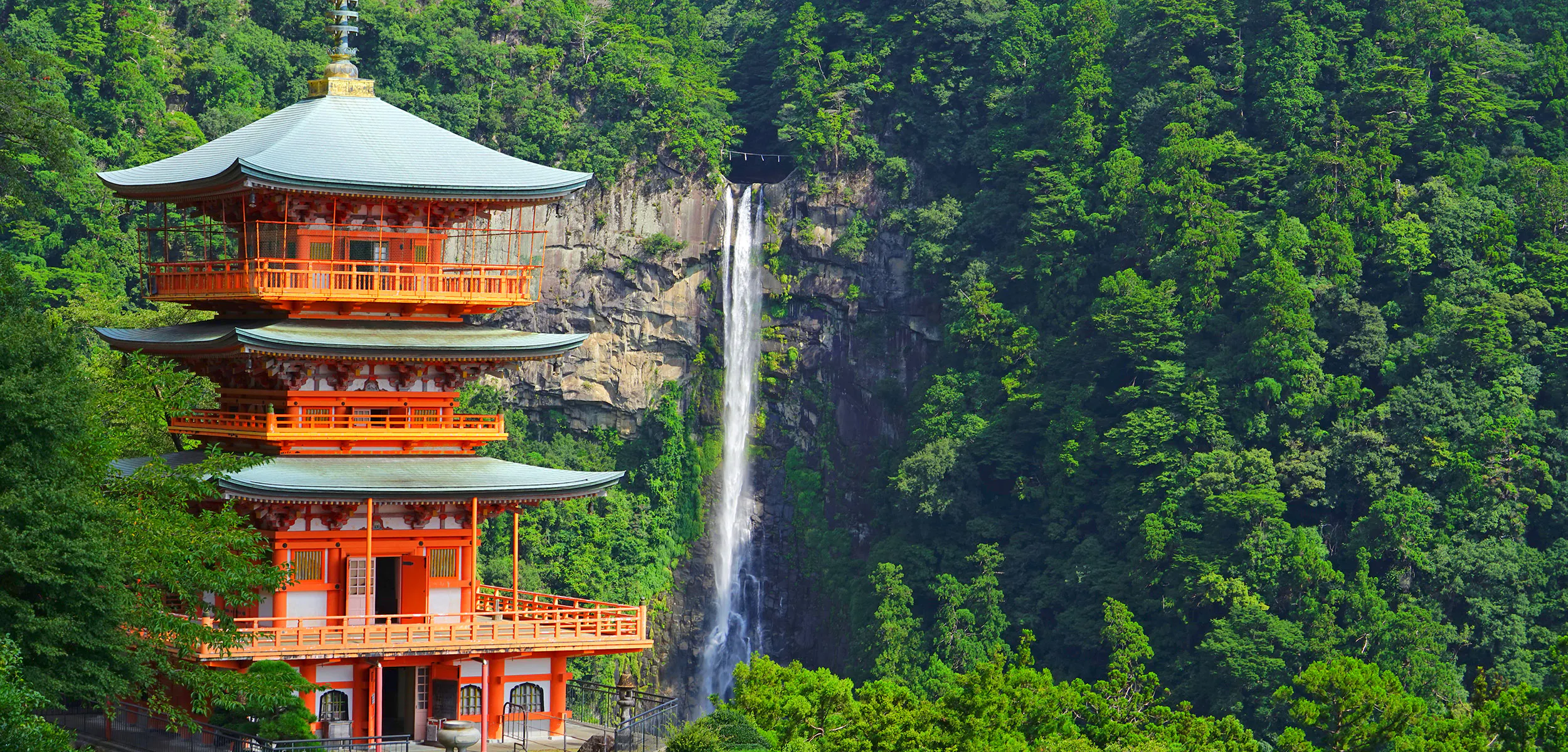 Pagoda of Seiganto-ji Temple and Nachi Falls on the Nakahechi Kumano Kodo Route in Japan