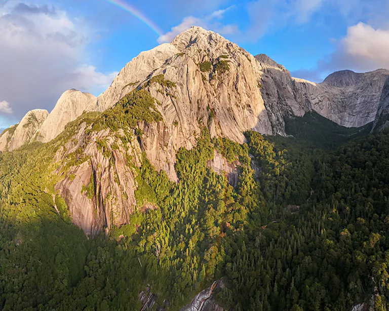 Towering granite peaks and forested valleys in Cochamo Valley, Patagonia, Chile