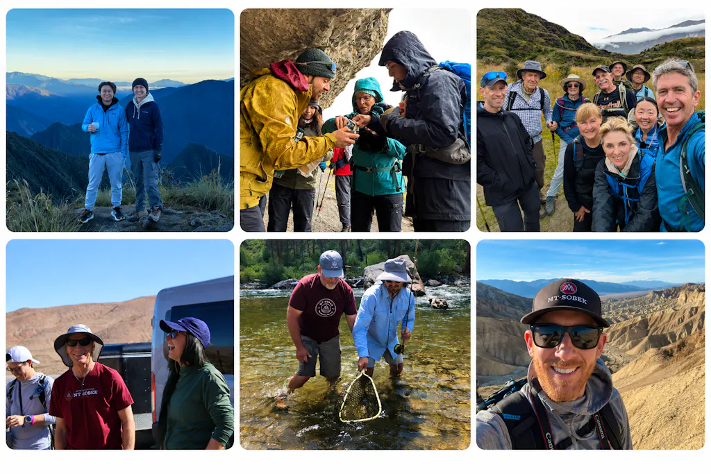 A corporate group retreat hikes, examines rocks, collects samples from a stream, and poses for photos in various outdoor mountain and river settings.