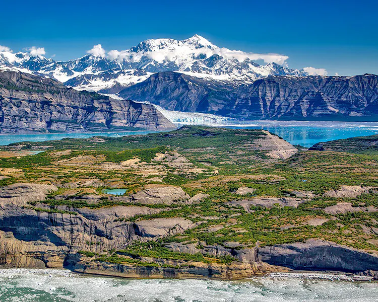 Breathtaking view of the glaciated mountains of the Wrangell St. Elias Range in Alaska