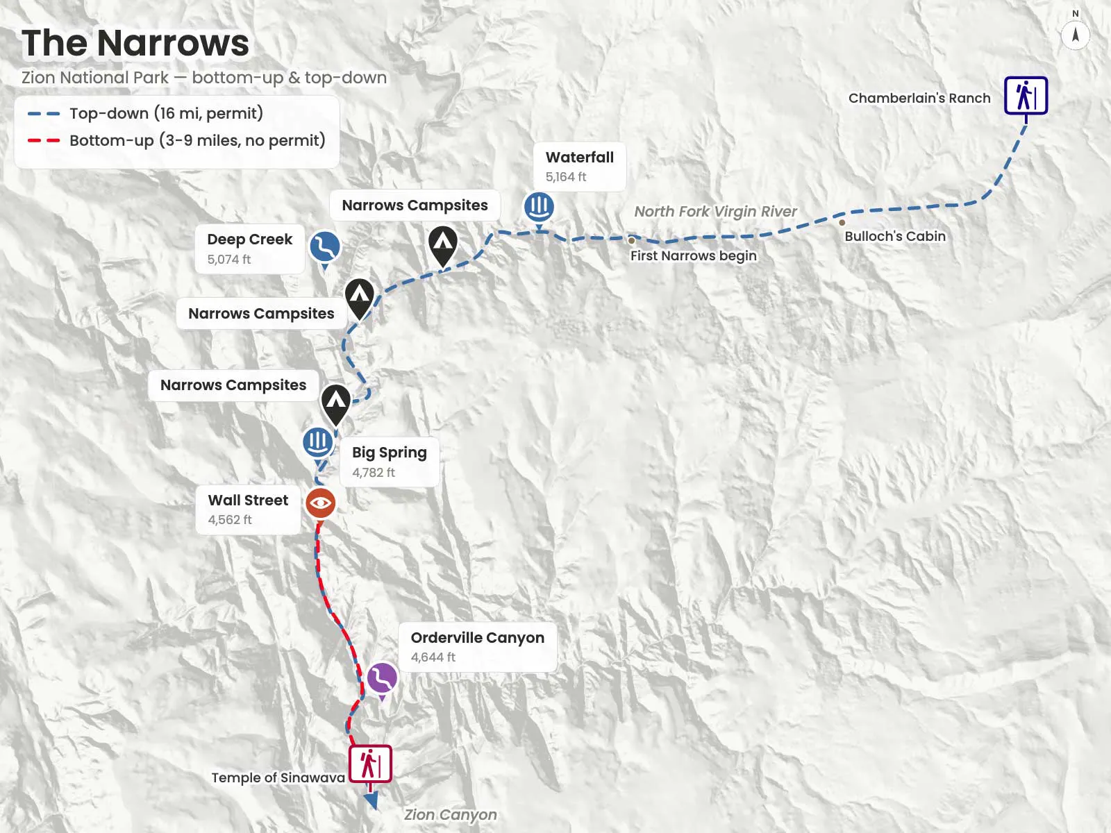 Graphic design rendered map of the Narrows Hike in Zion