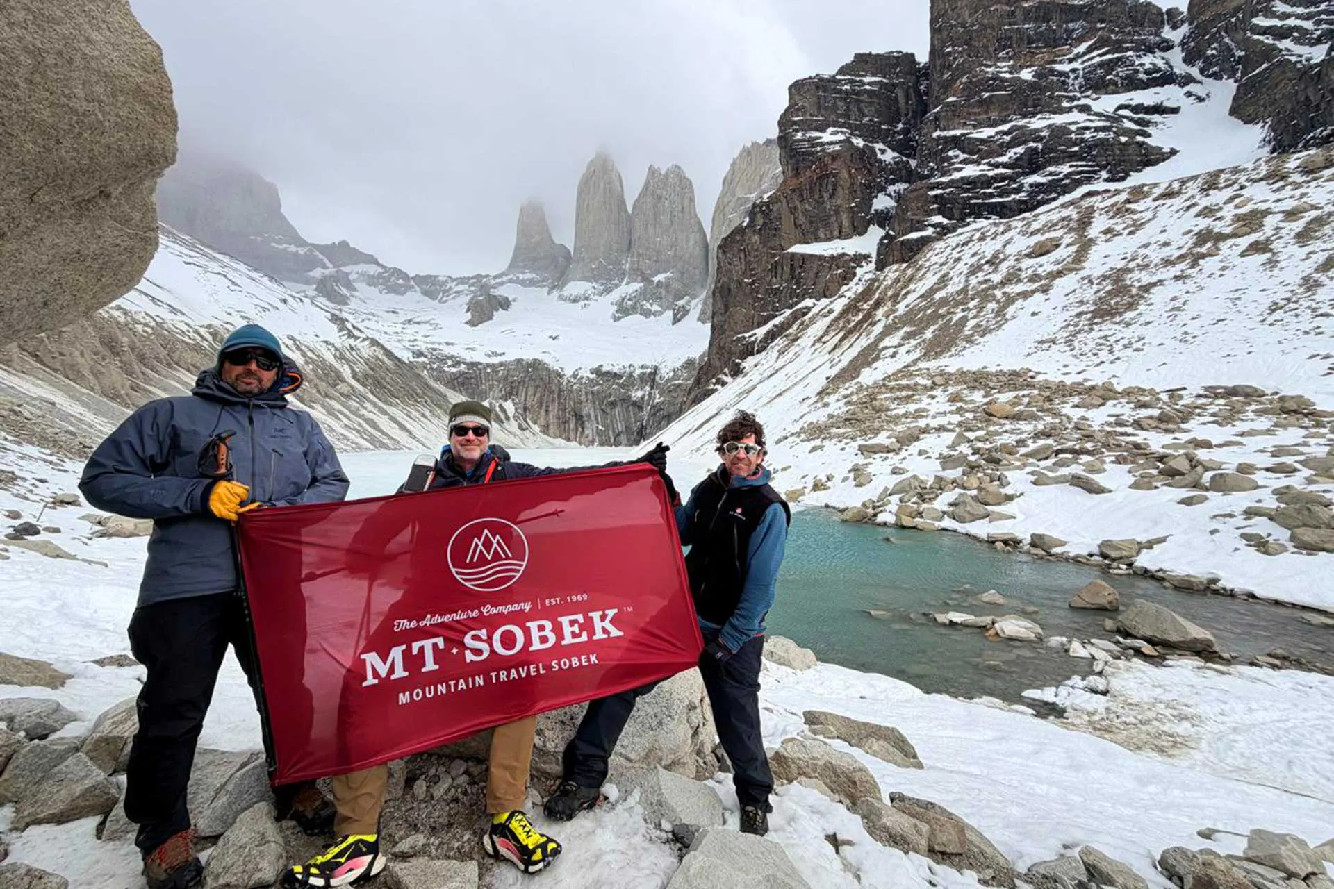 Seth Heald, the MT Sobek CEO and Patagonia team at Torres del Paine and Lake Torre in Chile