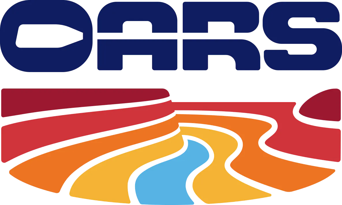 Logo with “OARS” in bold blue letters above a stylized river winding through red, orange, yellow, and blue abstract landscape shapes.
