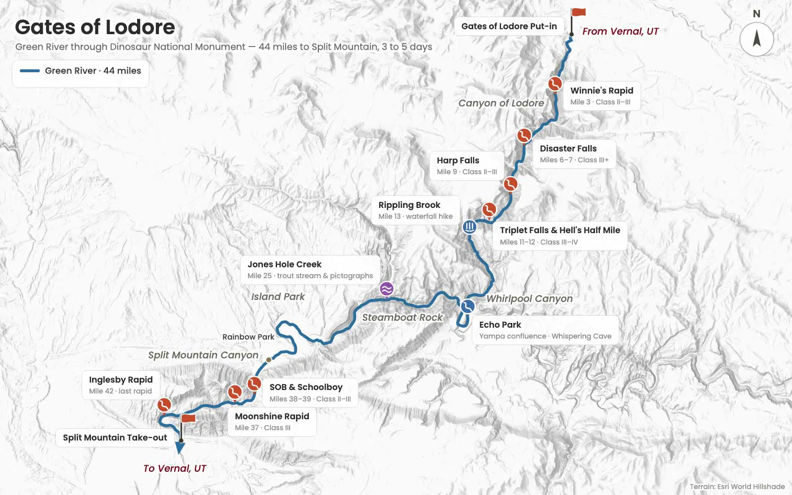 Artistic map of the Gates of Lodore rafting trip in Dinosaur National Monument