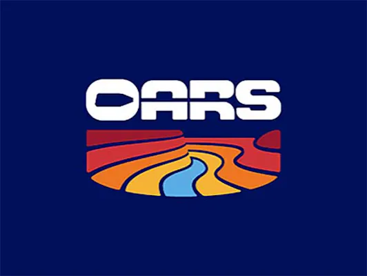 OARS logo with stylized river, blue water, and colorful layered banks beneath white block letters, set on a navy blue background.