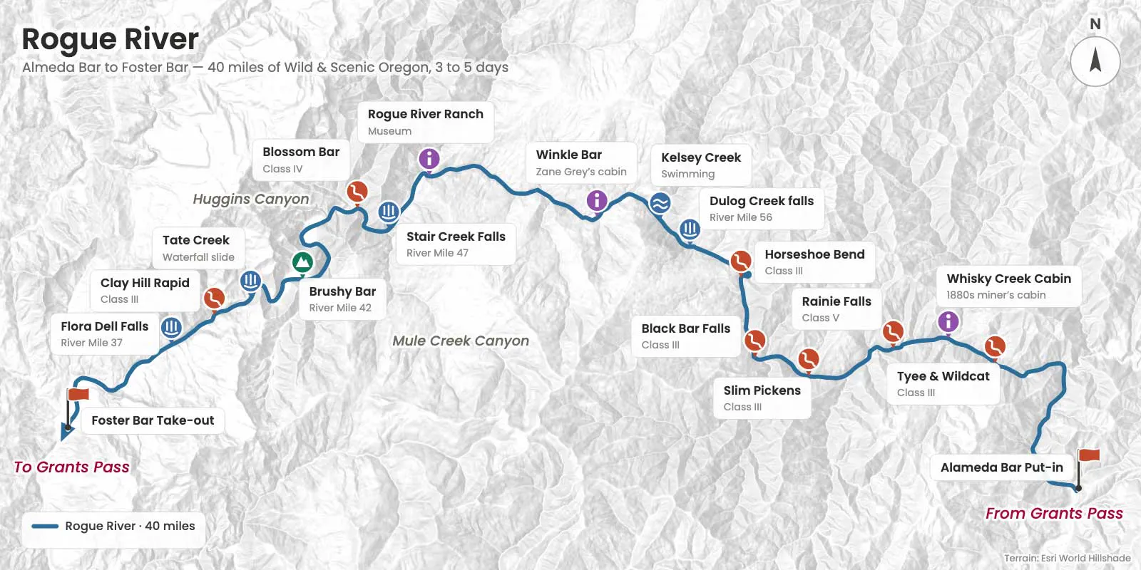 Artistic map of the Rogue River rafting trip by OARS
