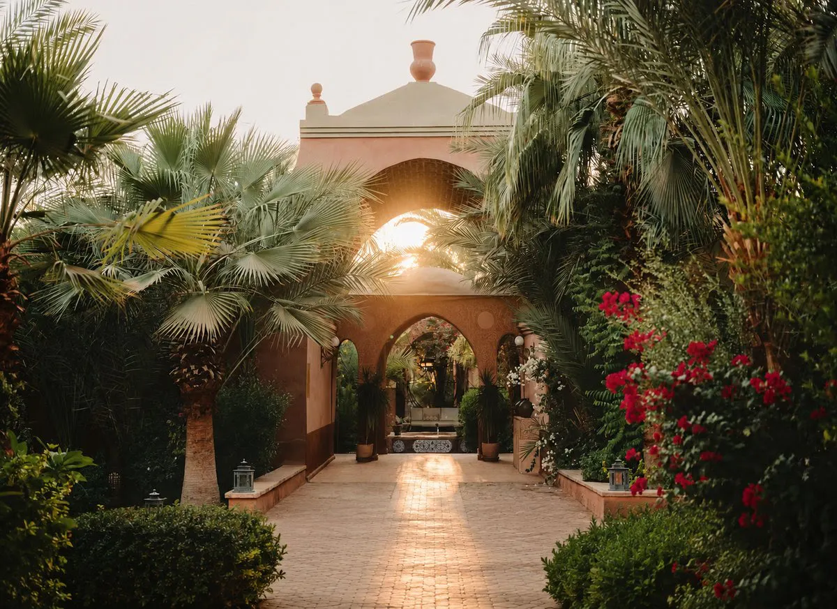 Sunlight filters through an arched entrance surrounded by palm trees and flowering plants, leading to a shaded courtyard with lanterns on a brick path at the Al Moudira in Egypt.