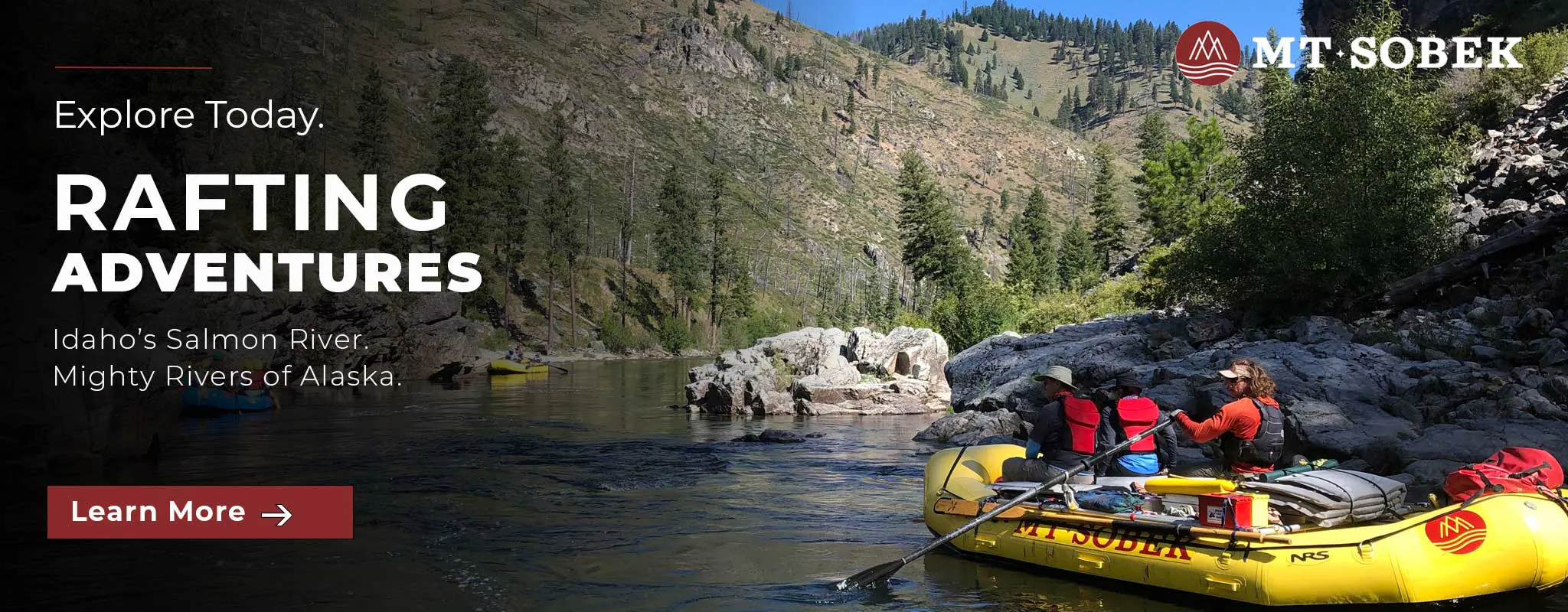 Two people in a yellow raft paddle down a scenic river surrounded by green trees and rocky hills under a clear sky, enjoying an unforgettable river rafting North America adventure.