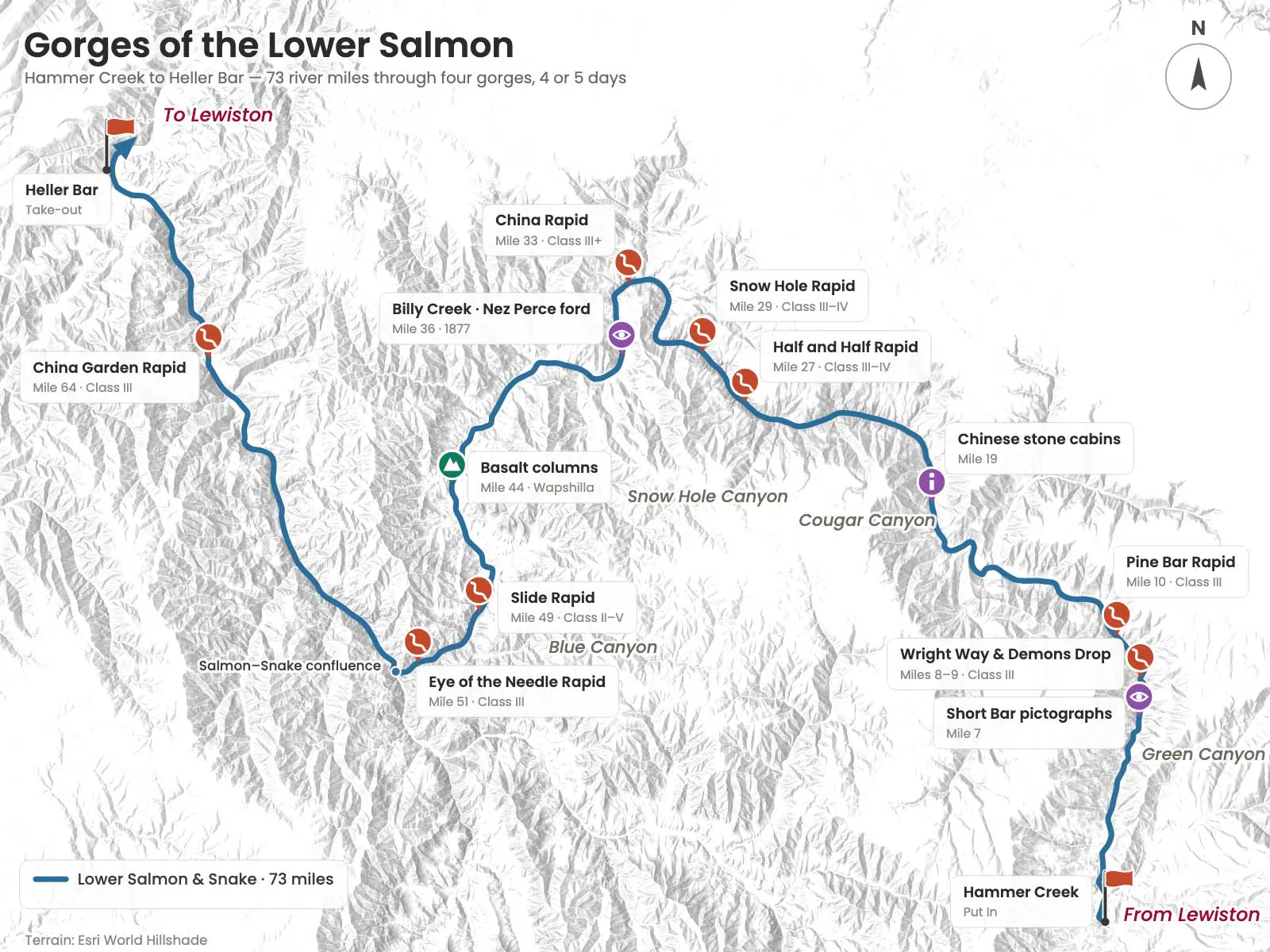 Map of the Lower Salmon River rafting trip in Idaho