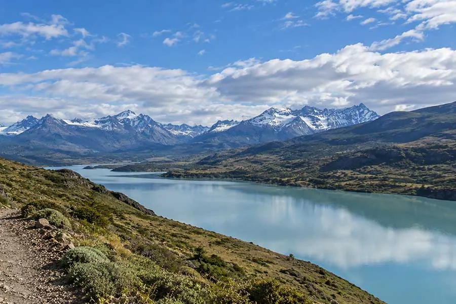 Lago Dickson and snowy peaks behind in Torres del Paine National Park, Patagonia on the O Circuit Trek