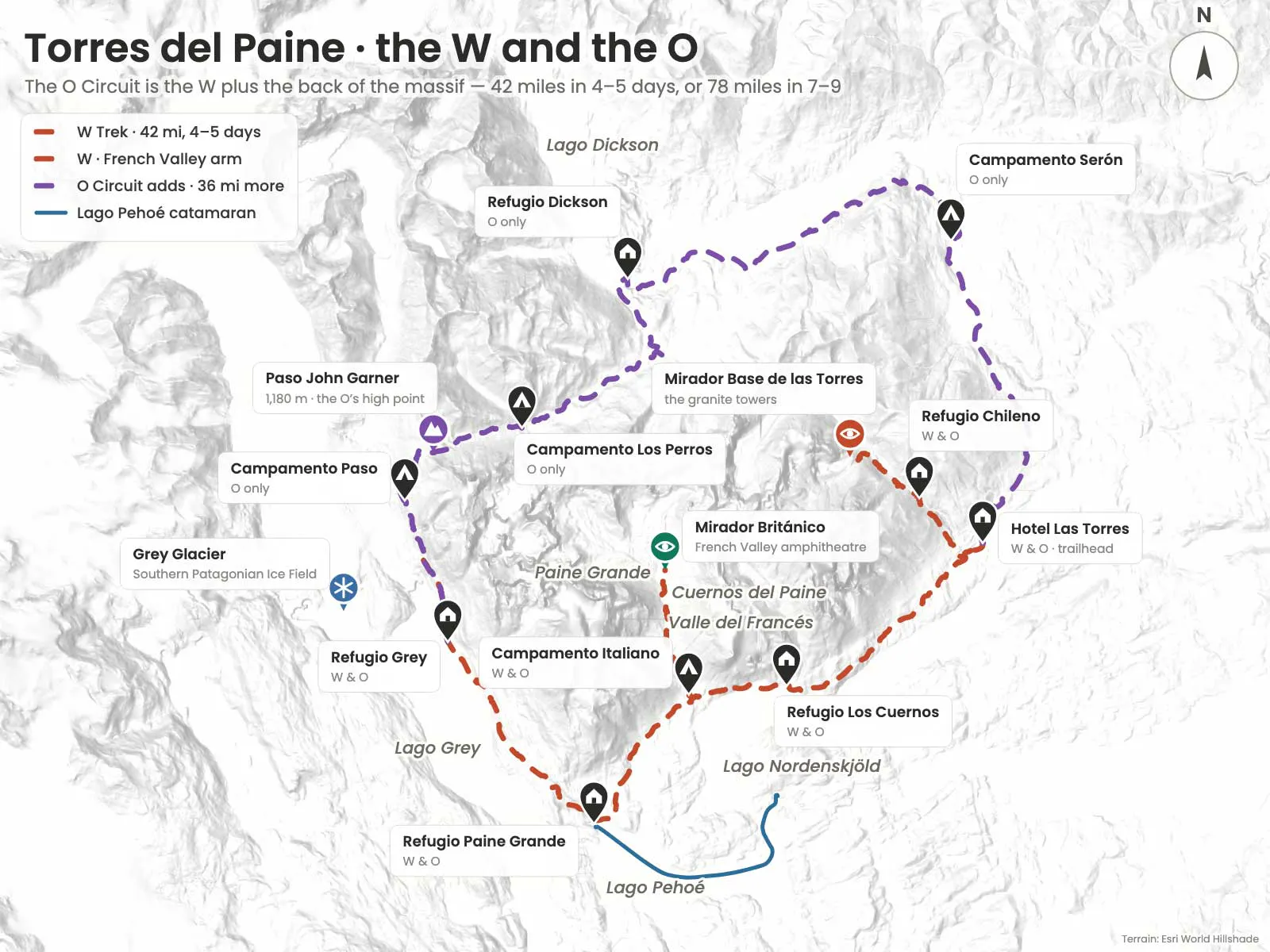 Map of Torres del Paine shows the W and O trekking routes, campsites, refugios, lakes, and key viewpoints with distances, estimated hiking times, and color-coded trails.