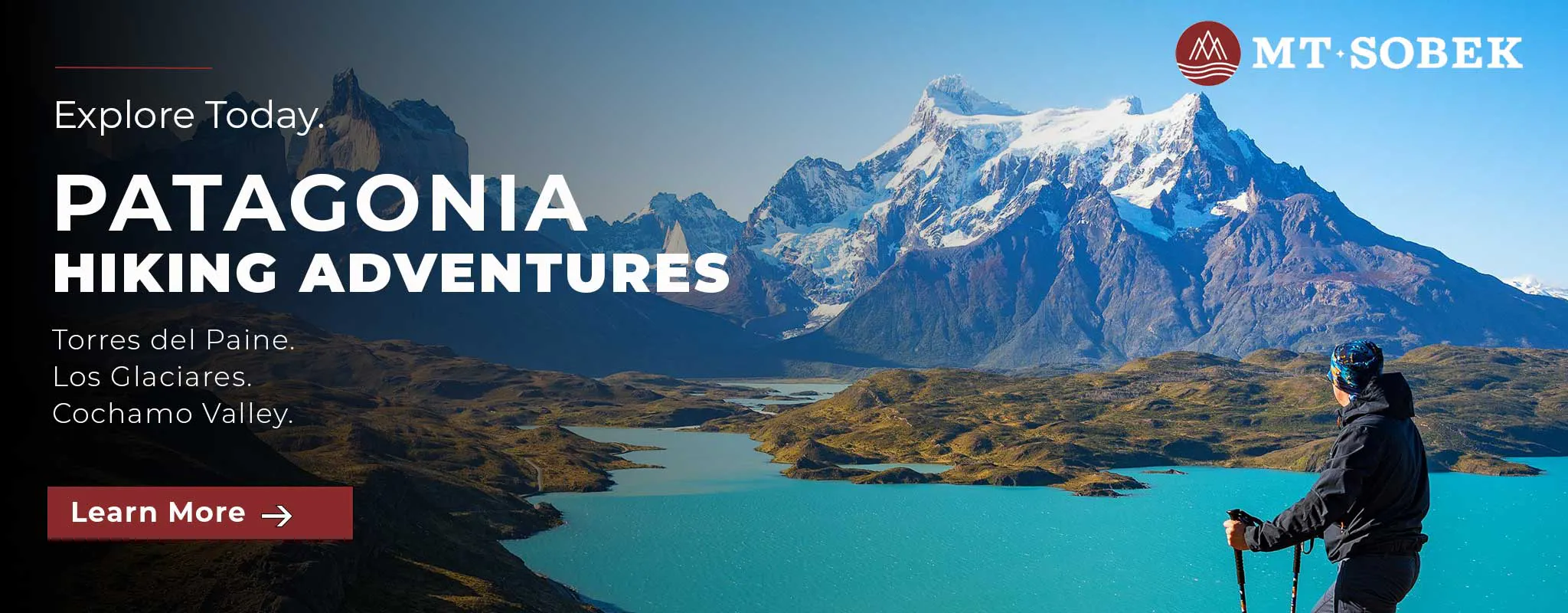 Person with hiking poles overlooks mountainous landscape and lakes in Patagonia, with promotional text for hiking adventures and a “Learn More” button.